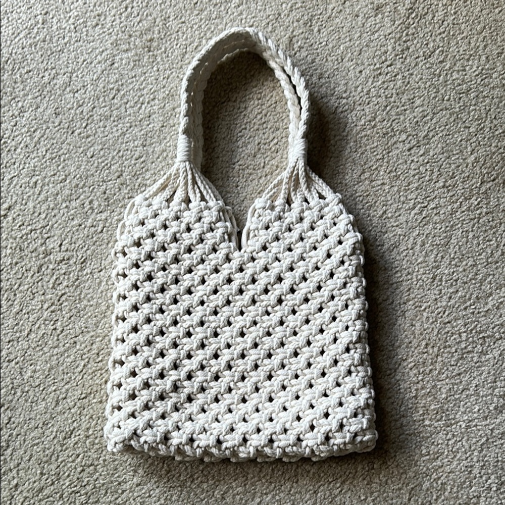 New, Cream Macrame Textured Tote Bag with Intricate Pattern